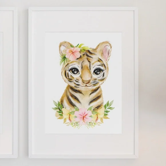 Cute Watercolor Floral Tiger Wall Art Print Poster Unframed - Picture 3 of 9